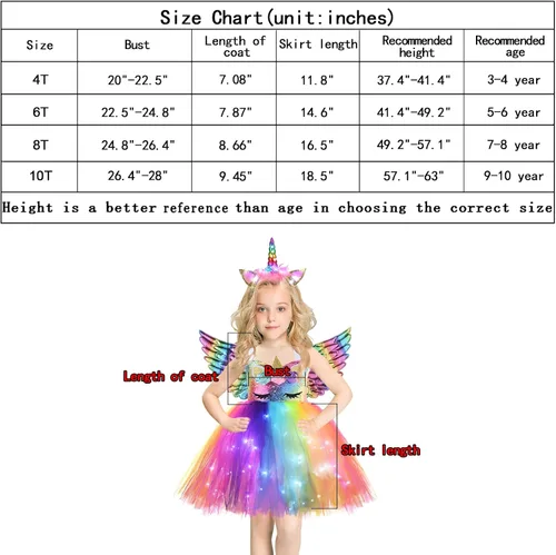 Vista 6 de Sequin LED Light Up Unicorn Custome for 4-10Y Girls Birthday Gifts Outfit Unicorn Tutu Dress with Headband and Wings