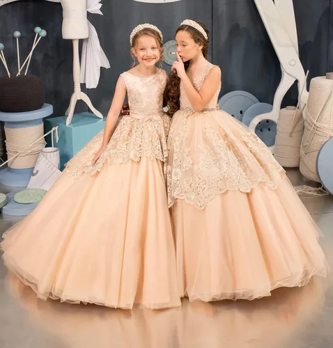 Vista 4 de Uzqast Apliques de encaje vestidos de niña de flores de tul princesa vestido de fiesta de boda con cinturón de perlas