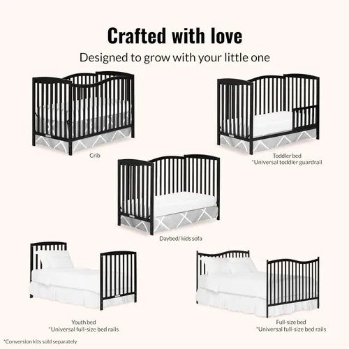 Vista 4 de Dream On Me Chelsea - Cuna convertible 5 en 1 de color negro, certificación JPMA 4-Position Mattress Support, Converts to Toddler, Day and Full