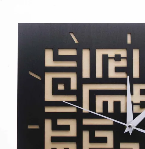 Vista 4 de The Geeky Days Ayat Al Kursi Kufic Shahadah Reloj de pared silencioso de madera negra funciona con pilas, escritura cúfica islámica, caligrafía