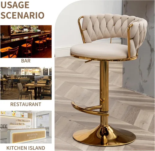 Vista 7 de Taburetes de bar dorados juego de 2, taburetes de bar de terciopelo giratorios con respaldo tejido, taburetes ajustables para isla de cocina, Beige