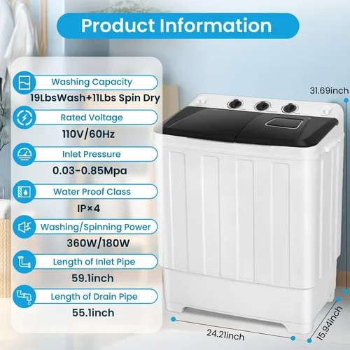 Vista 9 de Nictemaw - Lavadora portátil y secadora combinada de 30 libras, lavadora compacta de doble tina (19 libras) y centrifugado (11 libras) 2 en 1