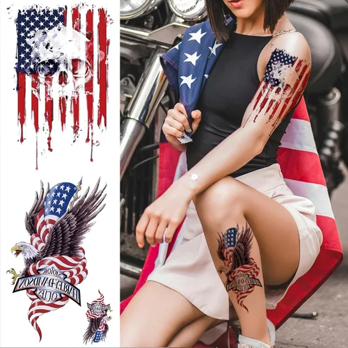 Vista 4 de Mangas temporales para tatuaje del 4 de julio para hombres y mujeres, 4 hojas grandes de brazo completo de Estados Unidos, patriótico 4 de julio