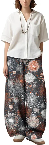 Vista 21 de Womens Wide Leg Firework Pattern Pants High Waist Cotton Blend Lantern Trousers Casual Summer Loungewear