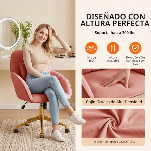Vista 4 de Silla de escritorio para oficina en casa, cómoda con ruedas giratorias ajustables, moderna silla de tocador de maquillaje de terciopelo con respaldo