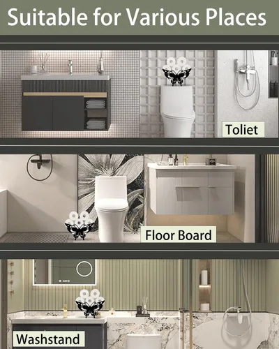 Vista 2 de Soporte de papel de mariposa con diseño de animales, soporte de papel higiénico de metal negro, bonito almacenamiento para baño, organizador