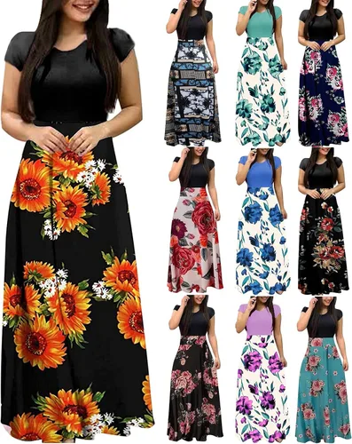 Vista 5 de NIUQI Vestido largo con estampado floral para mujer, cintura imperio, cuello redondo, patchwork, estampado
