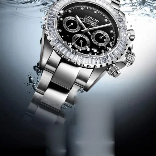 Vista 4 de LOREO Reloj mecánico automático multifunción de acero inoxidable con esfera Blcak de cristal de zafiro para hombre