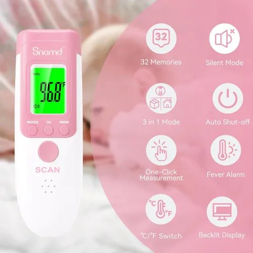 Vista 2 de Termómetro digital infrarrojo sin contacto para la frente para adultos, niños y bebés, termómetro médico de grado 3 en 1 con indicador de fiebre