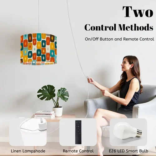 Vista 3 de Boho Plug in Pendant Light Mid Century Modern Art Abstract Geometric Seamless 16.4ft Plug in Cord Dimmable Hanging Lamp Fabric Lamp Shade Pendant