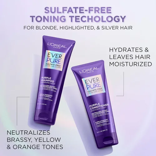 Vista 3 de L'Oreal Paris Champú Morado Tonificante Anticobrizo Sin Sulfato para Cabello Rubio, Decolorado, Plateado o con Mechas Marrones, EverPure, 6.8 Fl Oz
