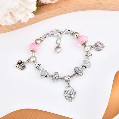 Vista 4 de Pulsera con dijes para mujer, regalos de Navidad, con cuentas de cristal y forma de corazón, plata de circonita cúbica, cadena de serpiente, pulsera