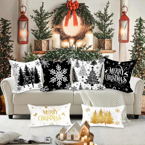 Vista 6 de Lanpn Juego de 4 fundas de almohada de Navidad negras de 12 x 12 pulgadas, fundas de almohada decorativas de invierno, cojín de árbol de Navidad