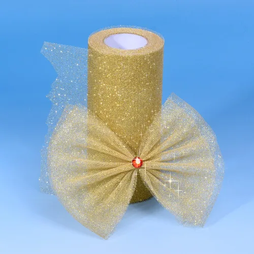 Vista 7 de Outus Cinta de tul dorada con purpurina para envolver regalos, Pascua, Día de la Madre, Navidad, primavera, 6 pulgadas por 25 yardas, cinta de tul