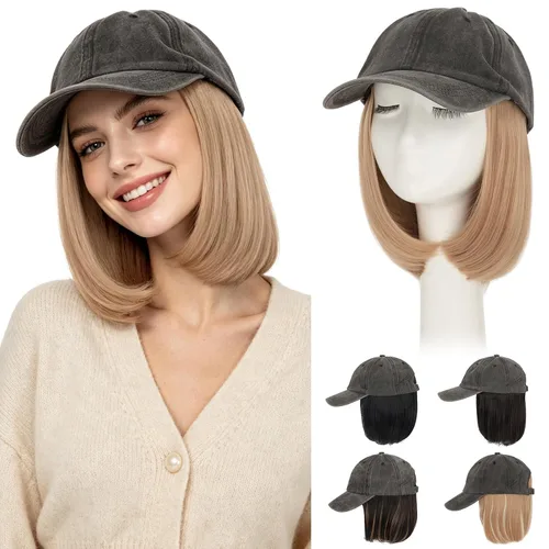 Vista 22 de Hairro Peluca de gorra de béisbol con cabello adjunto, corto estilo Bob ajustable, extensiones de cabello sintético para mujeres, balayage