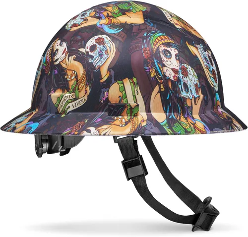 Vista 9 de Casco duro OSHA de ala completa sin ventilación con diseño de tatuaje/calavera con acabado mate con suspensión de 6 puntos