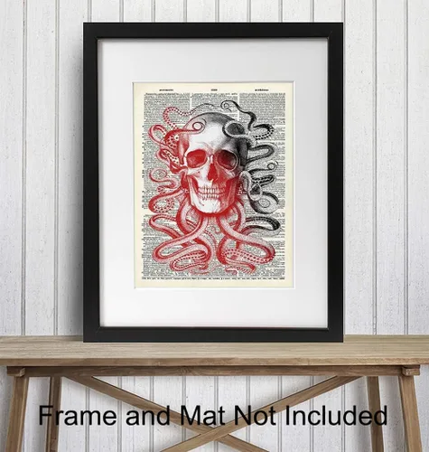 Vista 2 de Arte de diccionario de pulpo de calavera – Póster de arte de pared de 8 x 10 pulgadas, regalo único y asequible, decoración elegante steampunk