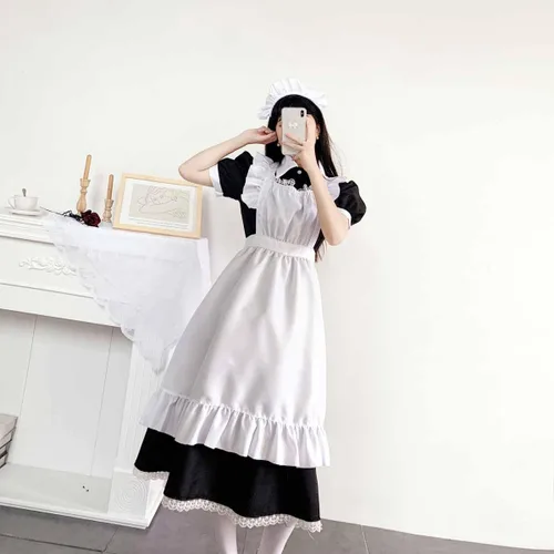Vista 3 de Vestidos de sirvienta francesa para mujer, talla grande, anime, cosplay, fiesta, uniforme de juego de rol, trajes de lolita, delantal, vestido