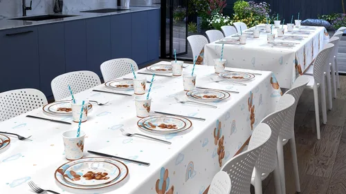 Vista 6 de Caisehabu 3 manteles de plástico para baby shower, con diseño de oso de peluche, estilo bohemio marrón y azul, suministros para decoración de fiesta
