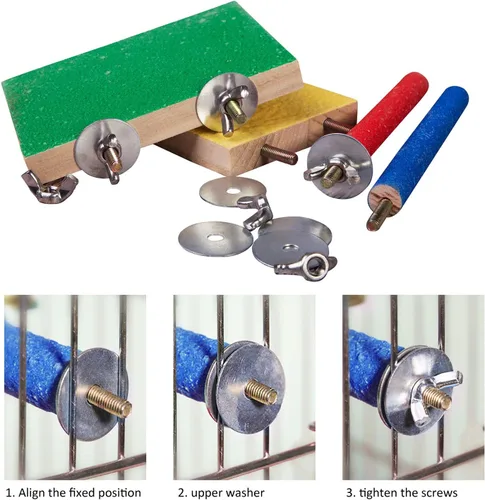 Vista 3 de 4 piezas de juguete de perca para pájaros, soporte de perca de loro de madera, plataforma de molienda de patas, accesorios de jaula, juguetes