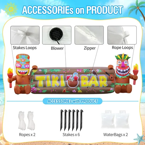 Vista 6 de DomKom Inflables Tiki Luau de 7 pies, dos inflables Tiki, hawaiano de verano tropical, decoración de fiesta, decoración de patio gigante, luces LED