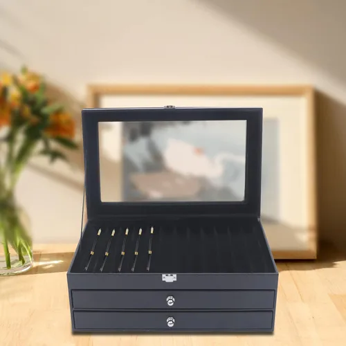 Vista 3 de Gdrasuya10 Caja organizadora de 36 piezas con ventana de cristal, vitrina de tres niveles con cajón y almacenamiento de bolígrafos estilográficos