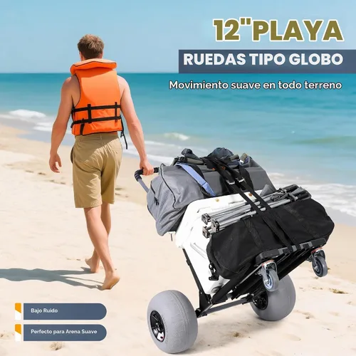 Vista 5 de Carrito de playa plegable para pesca con ruedas de globo de 12 pulgadas para arena todo terreno Negro