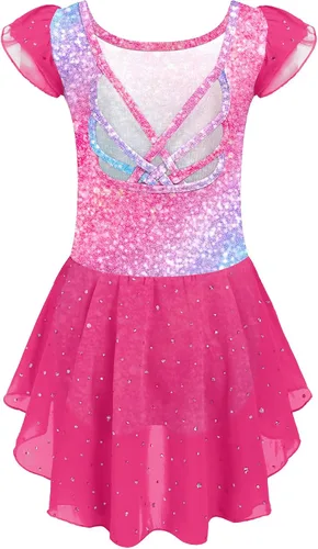 Vista 12 de Arshiner - Malla de ballet con mangas de volantes brillantes y falda con espalda cruzada para niñas Floral rosa aguamarina