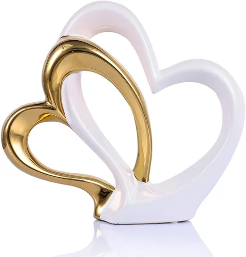 Vista 7 de Corazón de cerámica de oro blanco para decoración del hogar, estatua de amor, regalo de aniversario de San Valentín para pareja, escultura de doble