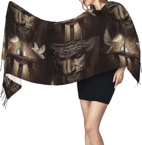 Vista 3 de ZTUOECV Bufanda con borlas, chal envolvente para mujer, vestidos de noche de otoño e invierno, bufandas, regalos cristianos únicos