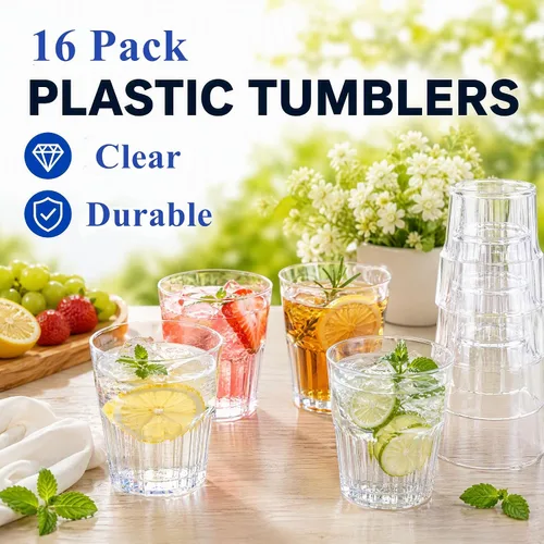 Vista 4 de Tebery Paquete de 16 vasos clásicos de plástico transparente reutilizables, vasos de jugo de agua potable de 8 onzas, apilables, sin BPA