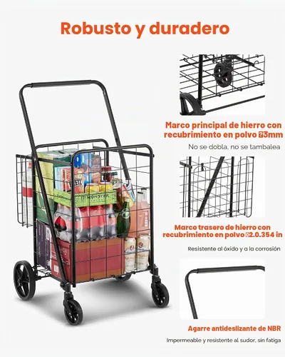 Vista 6 de VEVOR Carrito de compras plegable, carrito de comestibles jumbo con cestas dobles, ruedas giratorias de 360°, carrito utilitario resistente, carrito