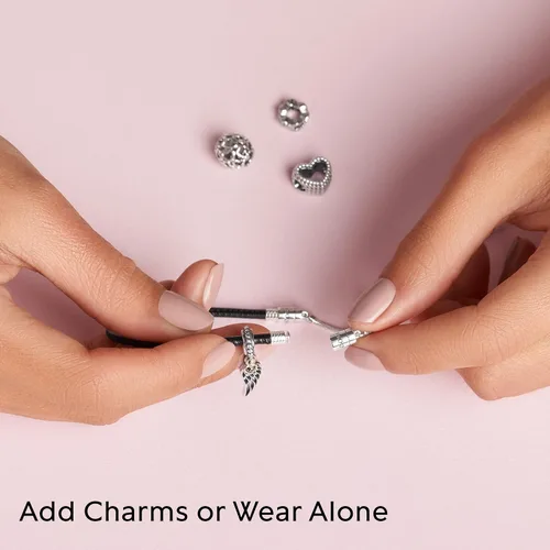Vista 8 de PANDORA Pulsera doble de cuero con circonitas cúbicas en plata de ley, 11
