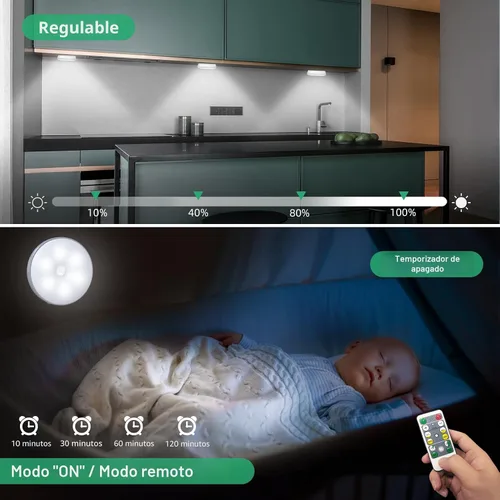 Vista 4 de Luces LED para Armario con Sensor de Movimiento Tipo Disco, Luces de Disco Recargables para Escalones, Iluminación Regulable Bajo Gabinete
