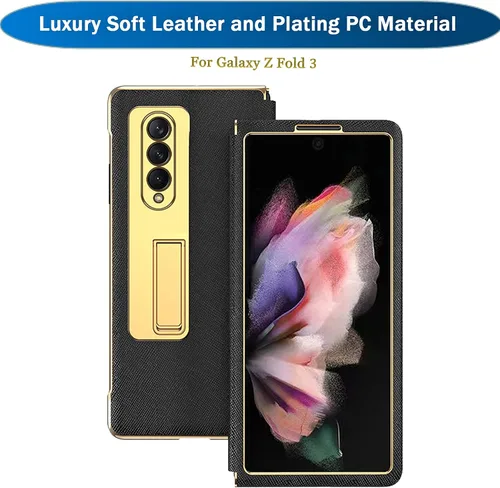 Vista 2 de Ninki Funda de cuero para Galaxy Z Fold 3 con función atril, color negro, cuero de lujo con PC a prueba de golpes y soporte de anillo protector