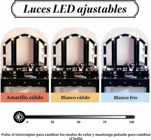 Vista 4 de BLEXA Escritorio negro con espejo y luces, tocador con juego de silla