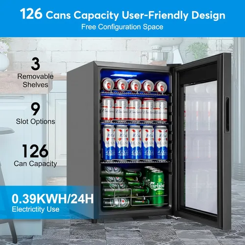 Vista 7 de Refrigerador de bebidas de 17 pulgadas de ancho – Enfriador de bebidas para 126 latas con puerta de vidrio Mini refrigerador de cerveza