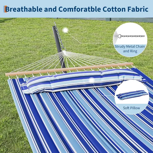 Vista 4 de GarveeLife Hamaca de 57 pulgadas para 2 personas, hamaca de algodón de diseño ampliado con soporte de metal, construcción resistente, capacidad