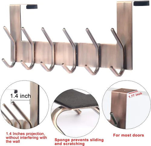 Vista 3 de Dseap Percha para colgar sobre la puerta, 6 ganchos para colgar ropa, sombrero, toalla, cobre antiguo
