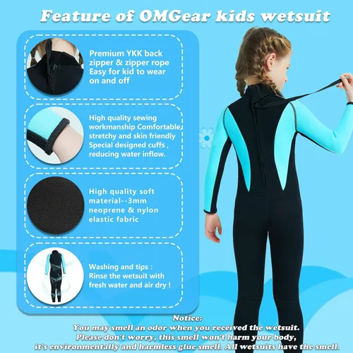 Vista 3 de OMGear Traje de neopreno corto de neopreno de una pieza para niños, de 0.18 pulgadas, 0.118 pulgadas, manga corta, con cremallera trasera, traje
