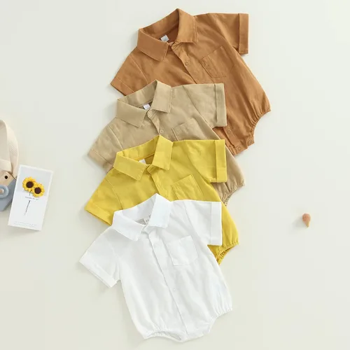 Vista 7 de AEEMCEM Ropa de bebé recién nacido, de algodón, lino, con botones, de gran tamaño, con solapa, manga cortalarga, traje de mameluco de burbujas