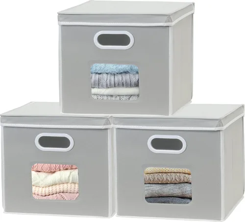Vista 10 de Simple Houseware - Contenedor de almacenamiento con ventana transparente, asas y tapa, paquete de 3, color gris