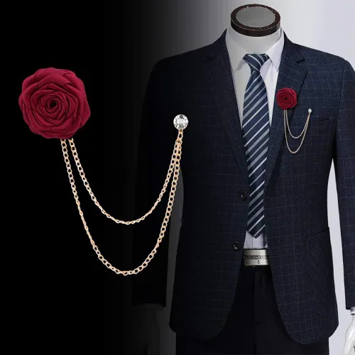 Vista 4 de Broches de moda para novios, bodas, arte de tela, hecho a mano, broche de flor de rosa, pin de solapa, insignia, cadena de borla, accesorios de Negro