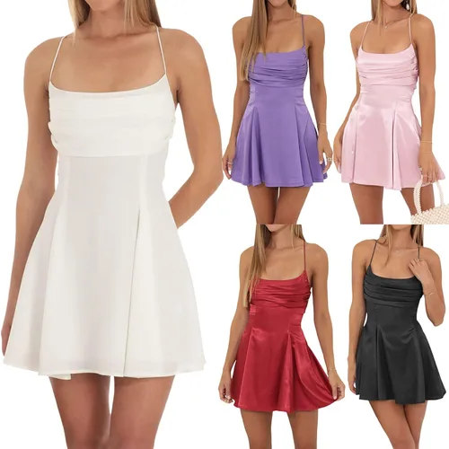 Vista 7 de Nyapruwe Vestido sexy sin mangas sin espalda de verano para mujer, con tirantes delgados, nudo en la espalda, acampanado, vestido de fiesta