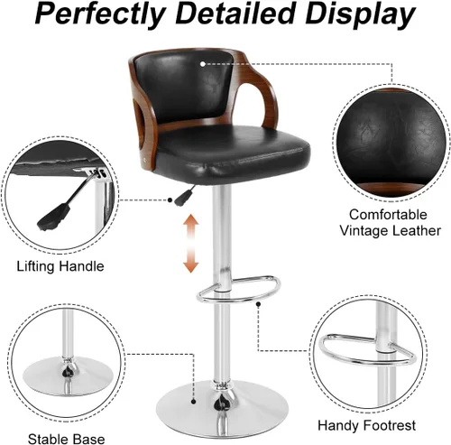 Vista 4 de Juego de 2 taburetes de bar modernos con altura de haya, taburete ajustable con respaldo, taburete giratorio de piel sintética con base resistente