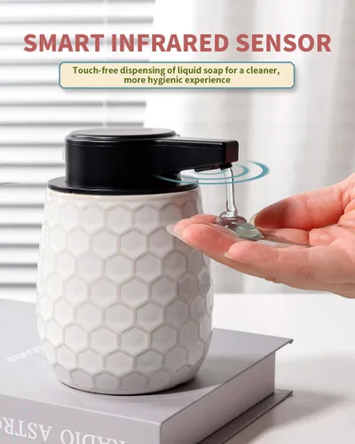 Vista 8 de Dispensador automático de jabón, dispensador de jabón líquido sin contacto 13 oz/13.0 fl oz, dispensador de cerámica blanco baño cocina