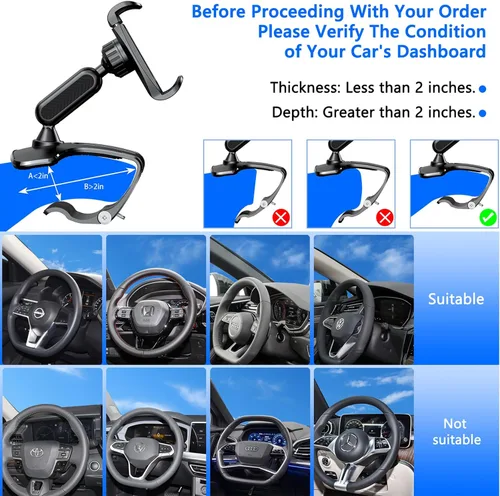 Vista 2 de Soporte para clip de teléfono para tablero de automóvil, soporte giratorio de 360° para volante de salpicadero compatible con teléfonos inteligentes