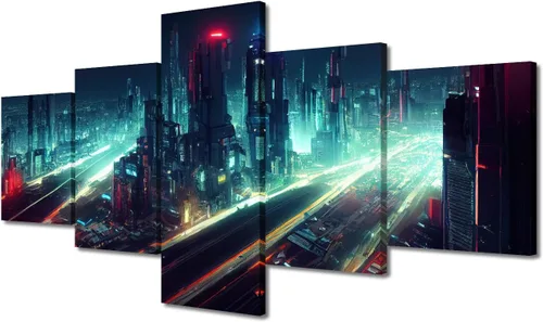 Vista 337 de Cuadros de 5 paneles de Cyberpunk City, arte de pared, representación de vallas publicitarias, edificios modernos en la capital con obras de arte