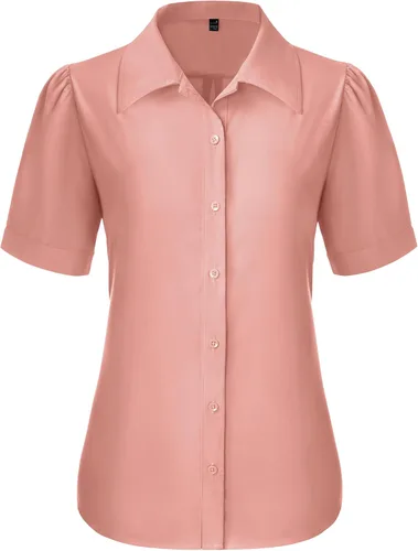 Vista 31 de Gleeivy Camisas de botones para mujer de manga corta abombada, camisas de vestir abotonadas con cuello ajustado, blusa superior de trabajo