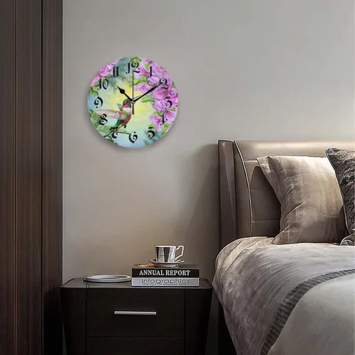 Vista 3 de Relojes de pared a pilas de 12 pulgadas, pájaros y flores, decoración silenciosa del hogar para baño, sala de estar, dormitorio